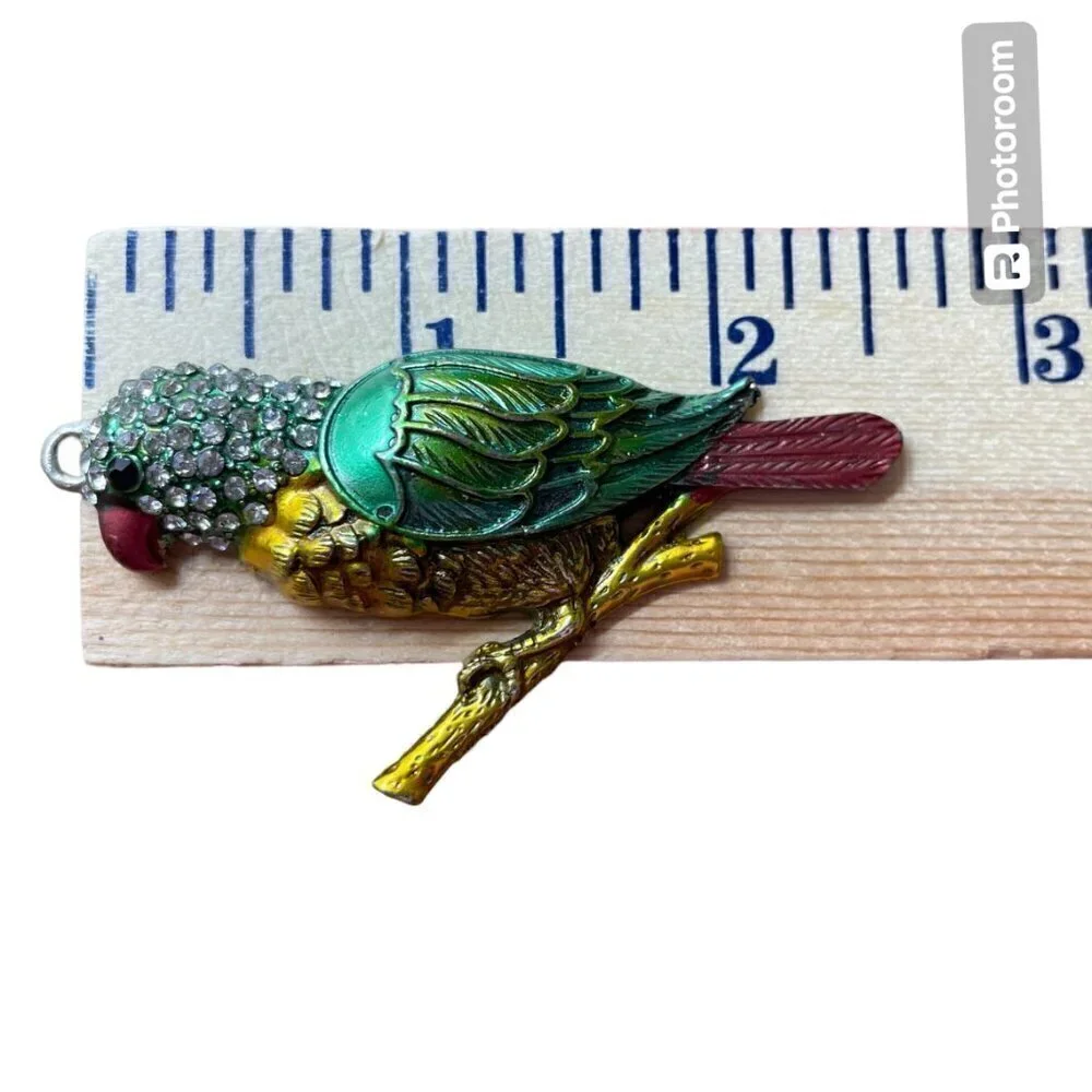 Colorful Parrot Pendant Bling Rhinestones Silver Tone Metal No Chain